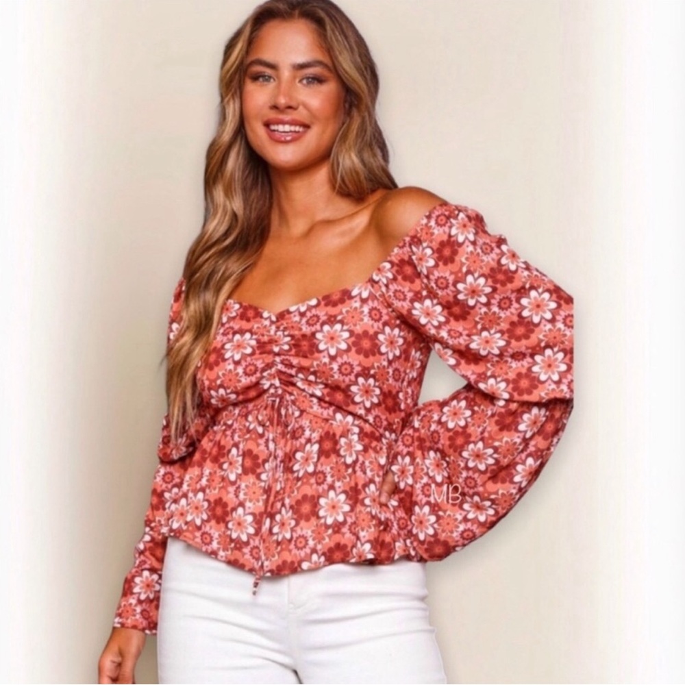 Peach Love California Floral Peplum Top Ruched Bell Sleeve Blouse - Picture 3 of 6